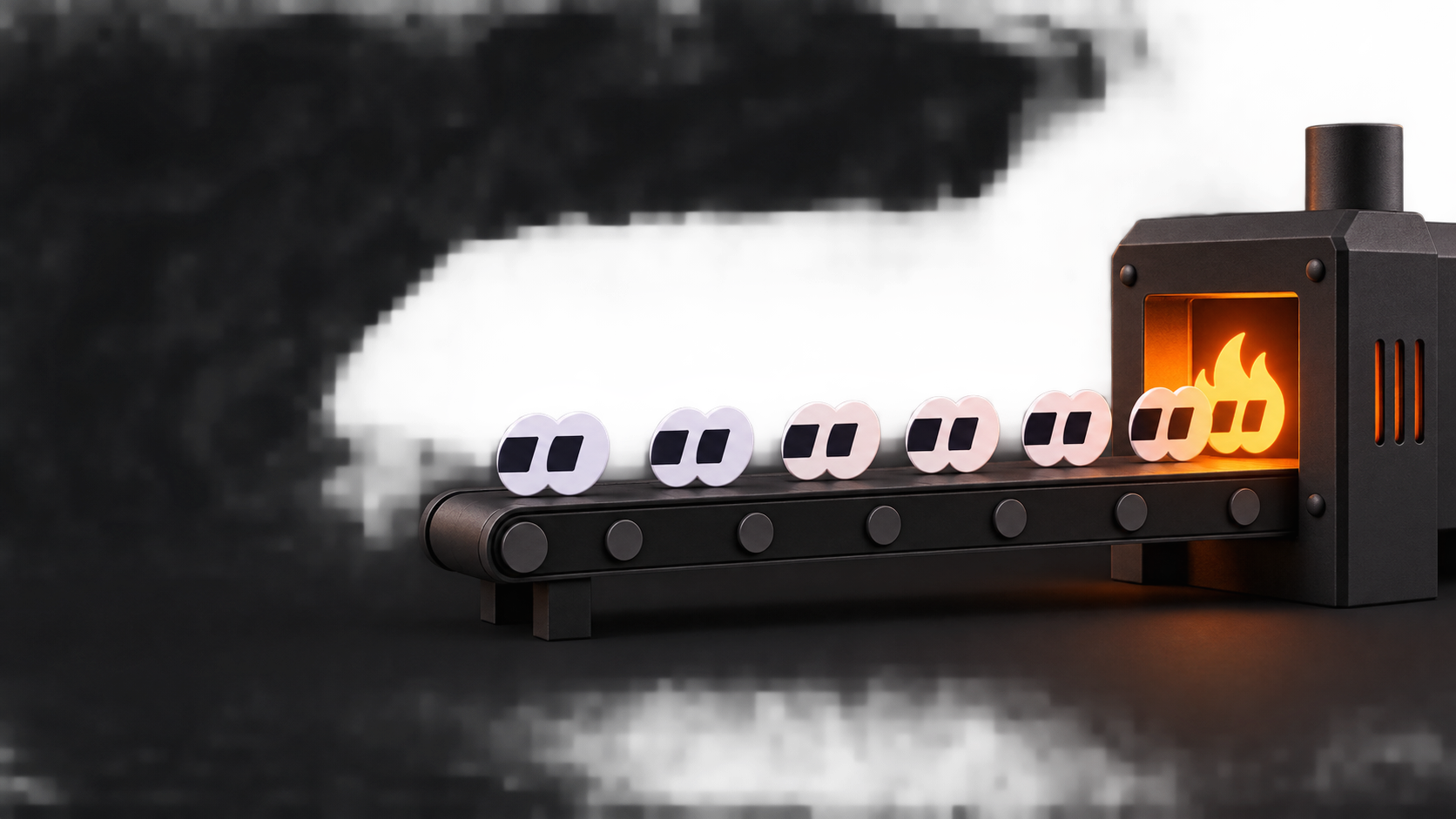 Fomo marks travel along a conveyor into a glowing furnace.